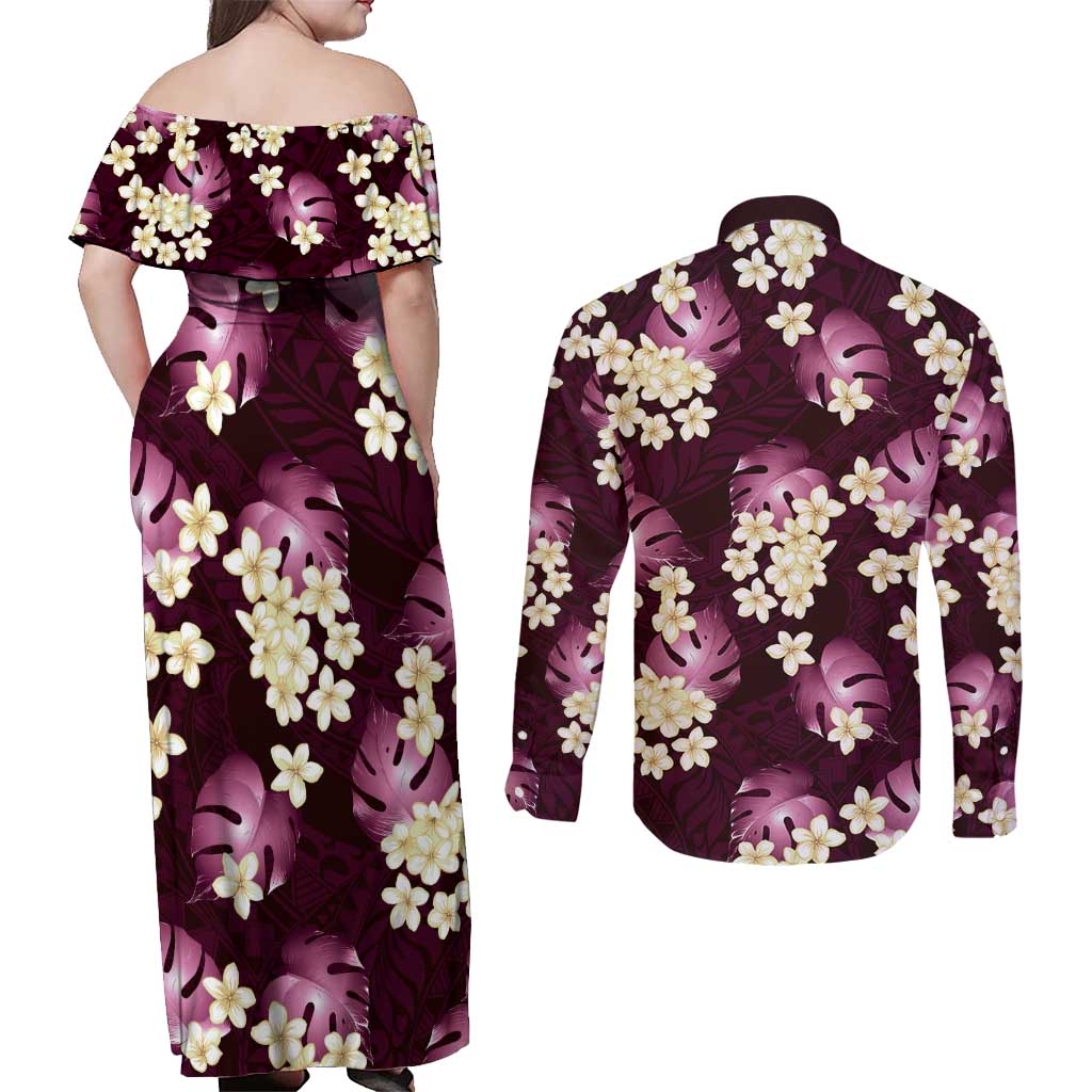 Pink Tropical Hawaii Couples Matching Off Shoulder Maxi Dress and Long Sleeve Button Shirt Seamless Monstera Plumeria Hawaiian Pattern LT14 - Polynesian Pride