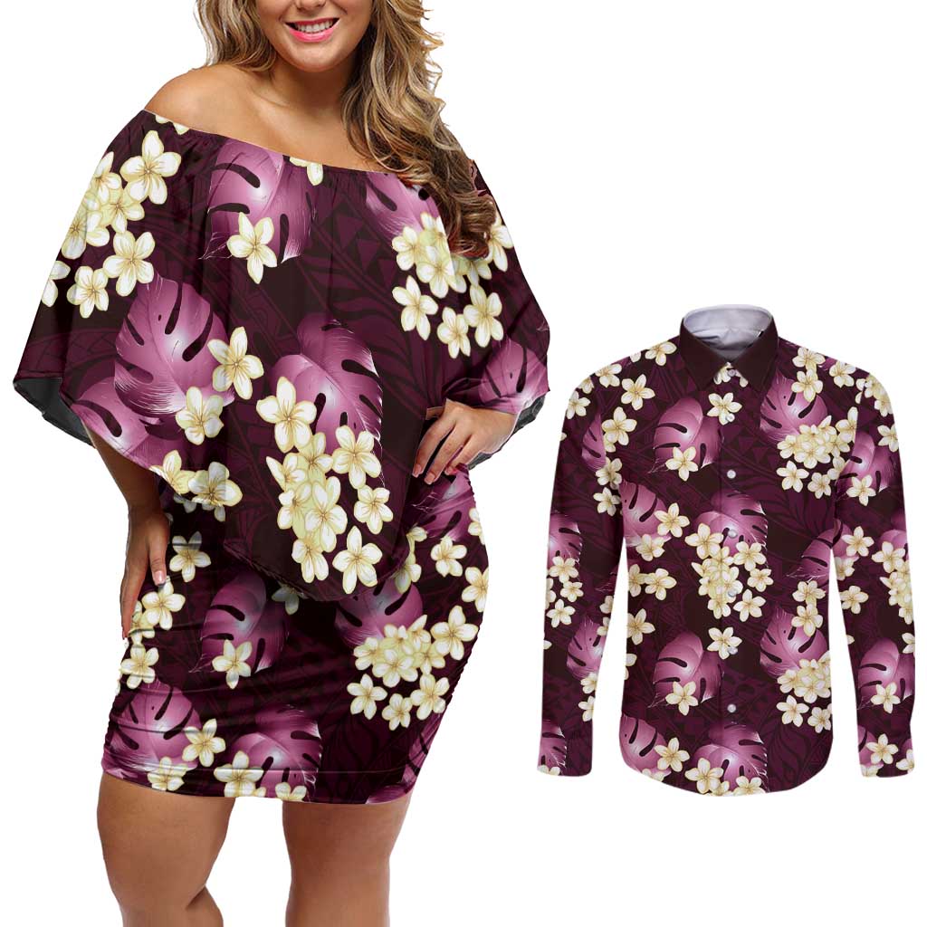 Pink Tropical Hawaii Couples Matching Off Shoulder Short Dress and Long Sleeve Button Shirt Seamless Monstera Plumeria Hawaiian Pattern LT14 Pink - Polynesian Pride
