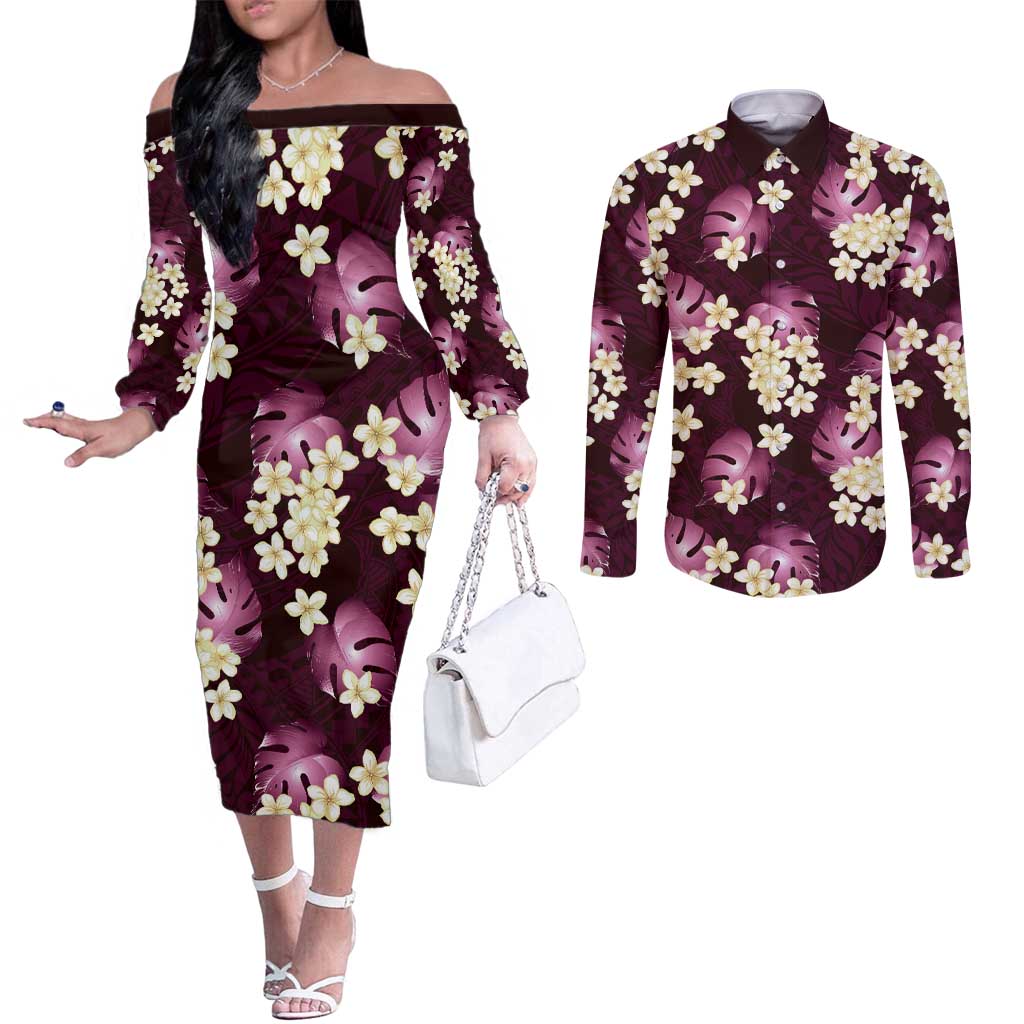 Pink Tropical Hawaii Couples Matching Off The Shoulder Long Sleeve Dress and Long Sleeve Button Shirt Seamless Monstera Plumeria Hawaiian Pattern LT14 Pink - Polynesian Pride