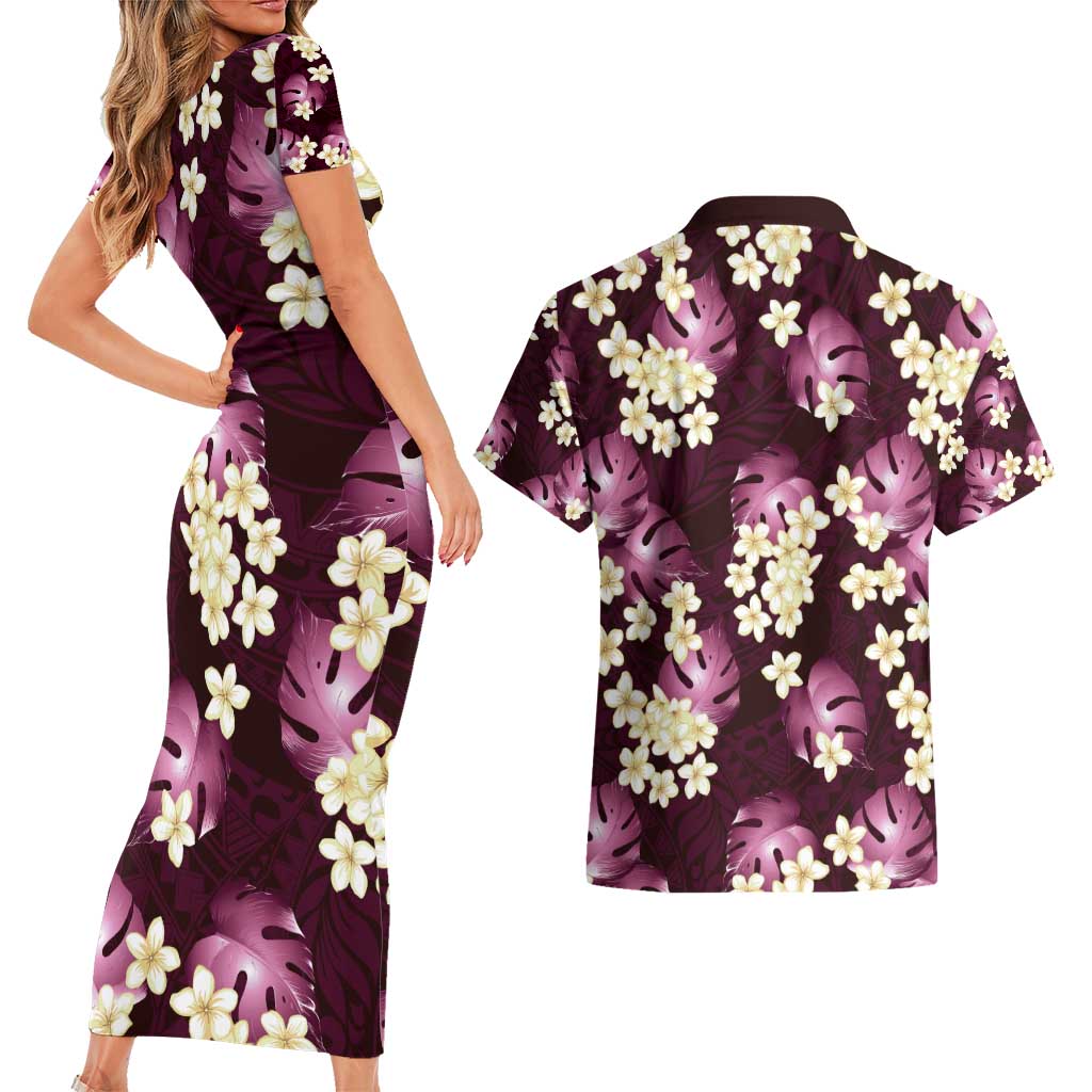 Pink Tropical Hawaii Couples Matching Short Sleeve Bodycon Dress and Hawaiian Shirt Seamless Monstera Plumeria Hawaiian Pattern - Polynesian Pride