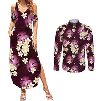 Pink Tropical Hawaii Couples Matching Summer Maxi Dress and Long Sleeve Button Shirt Seamless Monstera Plumeria Hawaiian Pattern LT14 Pink - Polynesian Pride