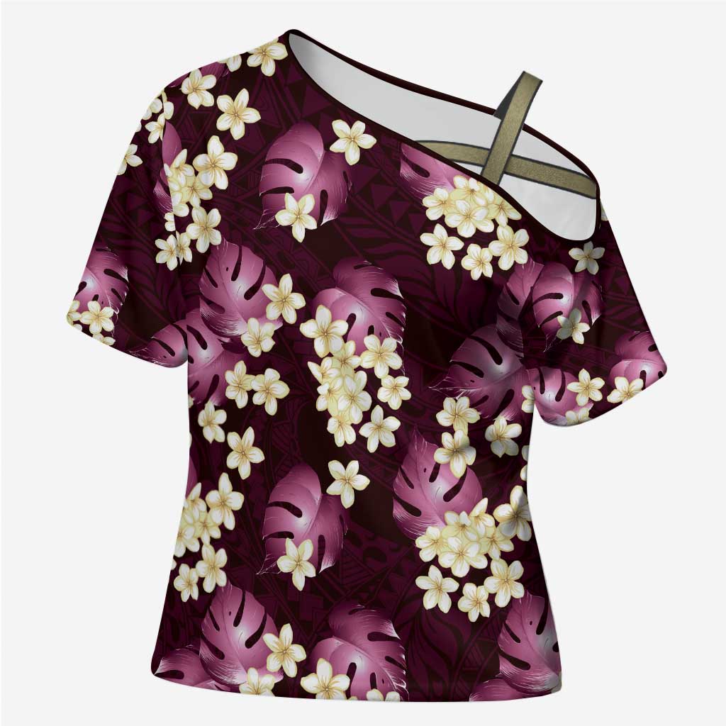 Pink Tropical Hawaii Cross Shoulder Shirt Seamless Monstera Plumeria Hawaiian Pattern LT14 Female Pink - Polynesian Pride
