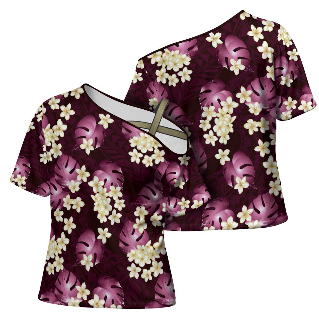 Pink Tropical Hawaii Cross Shoulder Shirt Seamless Monstera Plumeria Hawaiian Pattern LT14 - Polynesian Pride