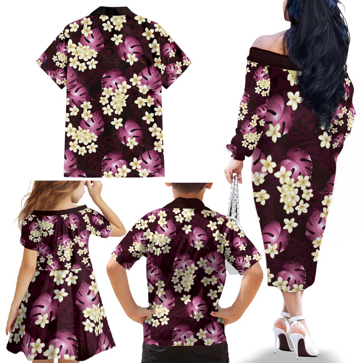 Pink Tropical Hawaii Family Matching Off The Shoulder Long Sleeve Dress and Hawaiian Shirt Seamless Monstera Plumeria Hawaiian Pattern - Polynesian Pride