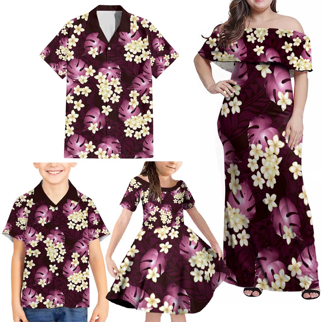Pink Tropical Hawaii Family Matching Off Shoulder Maxi Dress and Hawaiian Shirt Seamless Monstera Plumeria Hawaiian Pattern - Polynesian Pride