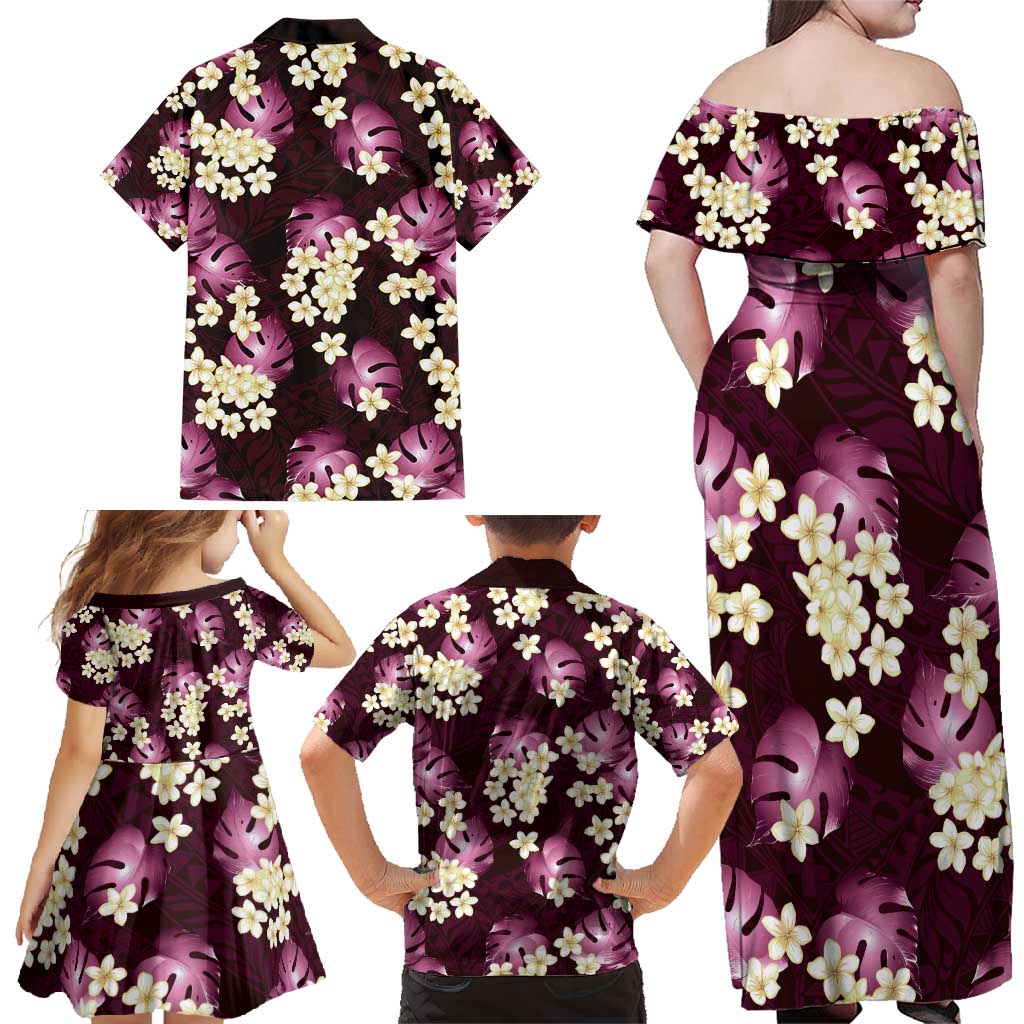 Pink Tropical Hawaii Family Matching Off Shoulder Maxi Dress and Hawaiian Shirt Seamless Monstera Plumeria Hawaiian Pattern - Polynesian Pride