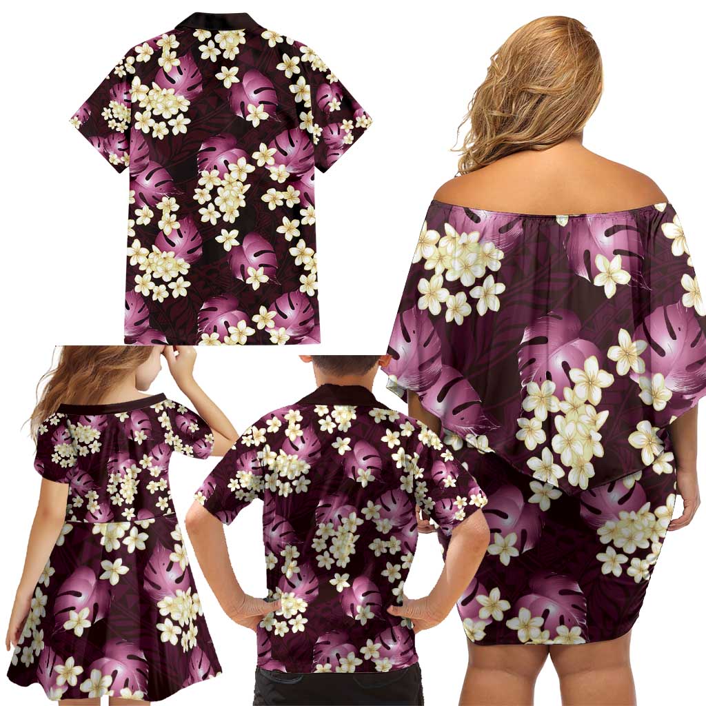 Pink Tropical Hawaii Family Matching Off Shoulder Short Dress and Hawaiian Shirt Seamless Monstera Plumeria Hawaiian Pattern - Polynesian Pride