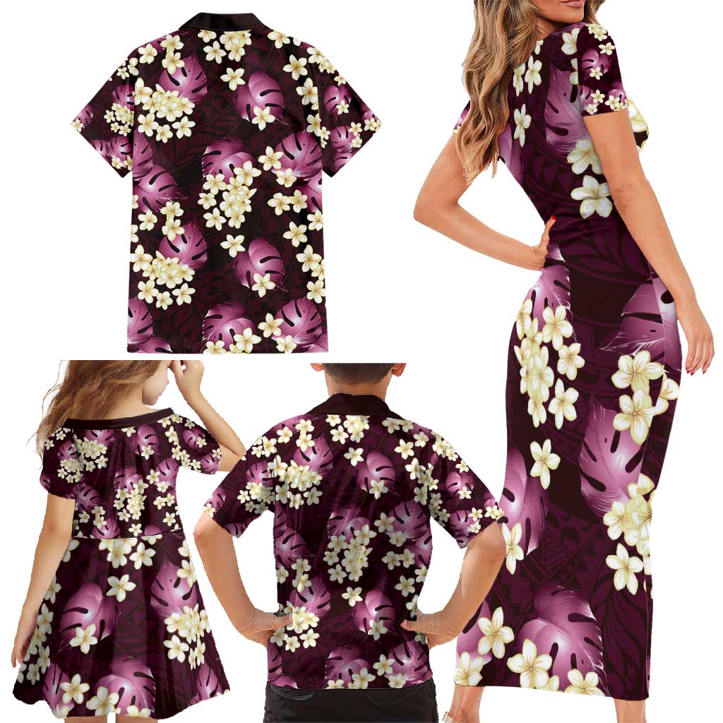 Pink Tropical Hawaii Family Matching Short Sleeve Bodycon Dress and Hawaiian Shirt Seamless Monstera Plumeria Hawaiian Pattern - Polynesian Pride
