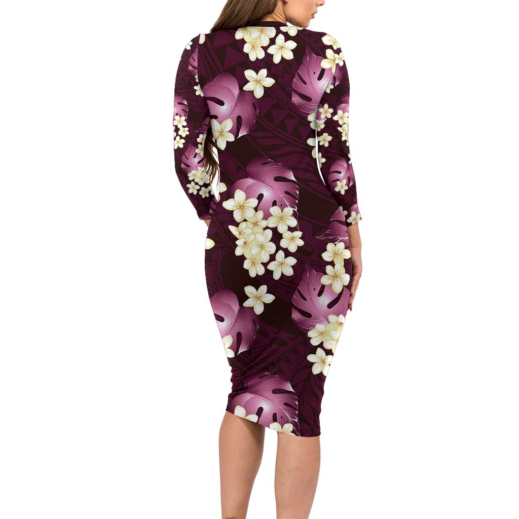 Pink Tropical Hawaii Long Sleeve Bodycon Dress Seamless Monstera Plumeria Hawaiian Pattern - Polynesian Pride