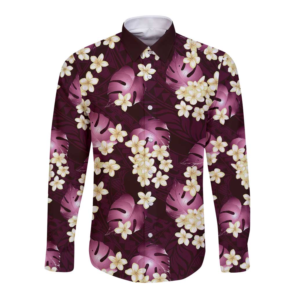 Pink Tropical Hawaii Long Sleeve Button Shirt Seamless Monstera Plumeria Hawaiian Pattern LT14 Unisex Pink - Polynesian Pride