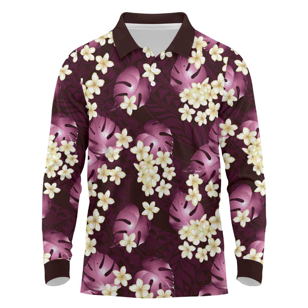 Pink Tropical Hawaii Long Sleeve Polo Shirt Seamless Monstera Plumeria Hawaiian Pattern LT14 Pink - Polynesian Pride