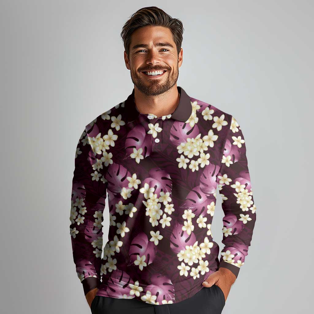 Pink Tropical Hawaii Long Sleeve Polo Shirt Seamless Monstera Plumeria Hawaiian Pattern LT14 - Polynesian Pride