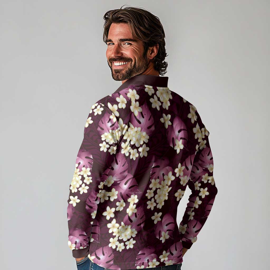 Pink Tropical Hawaii Long Sleeve Polo Shirt Seamless Monstera Plumeria Hawaiian Pattern LT14 - Polynesian Pride