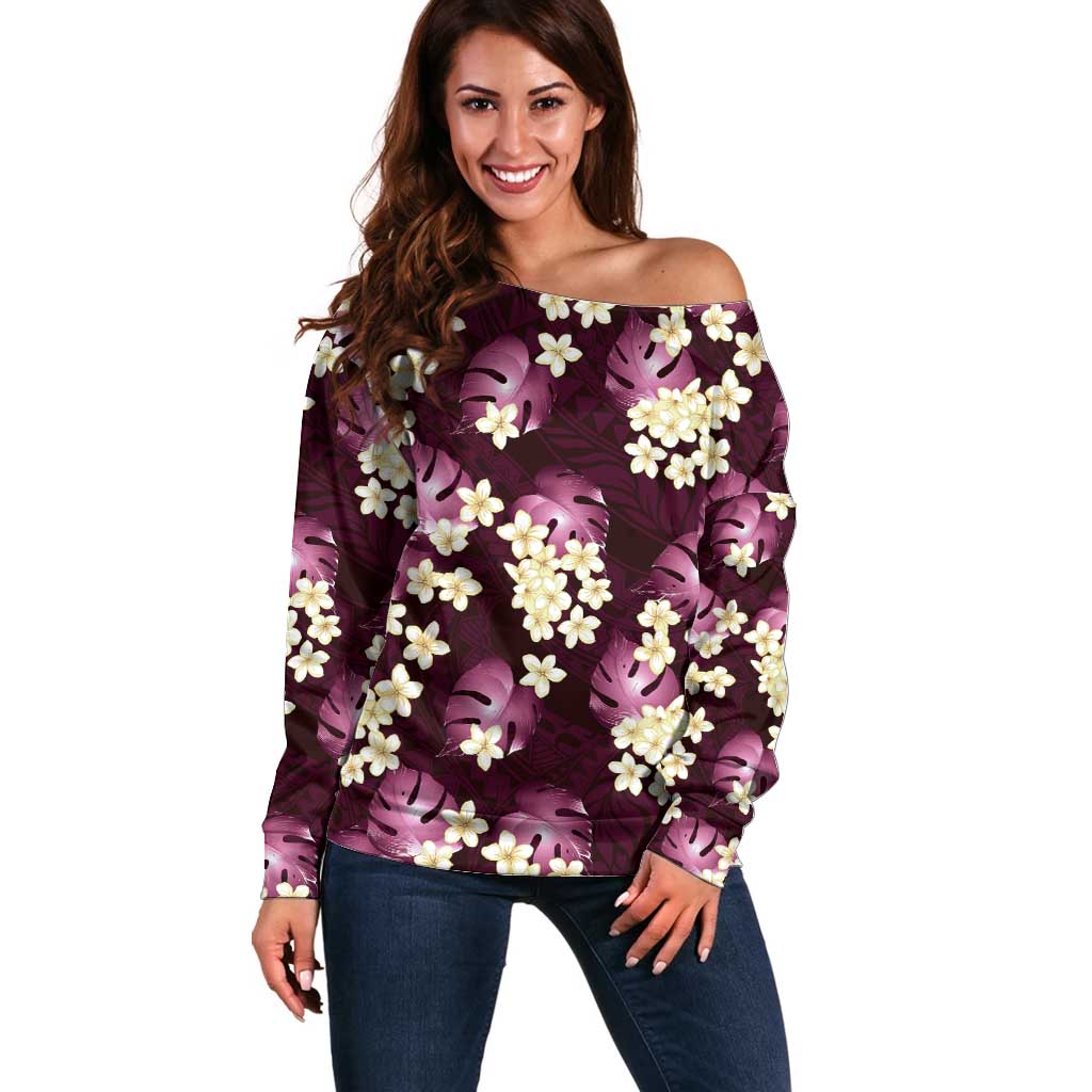 Pink Tropical Hawaii Off Shoulder Sweater Seamless Monstera Plumeria Hawaiian Pattern - Polynesian Pride