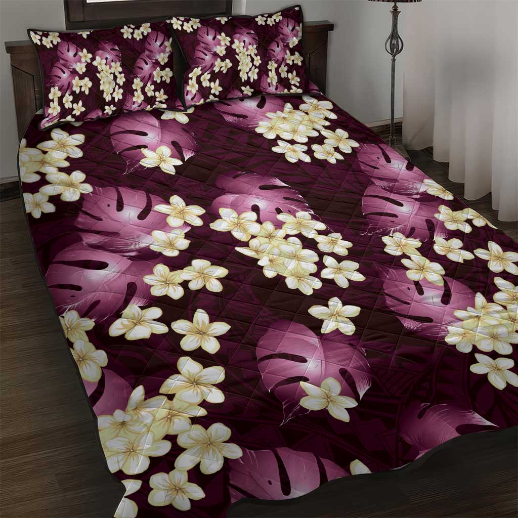 Pink Tropical Hawaii Quilt Bed Set Seamless Monstera Plumeria Hawaiian Pattern - Polynesian Pride