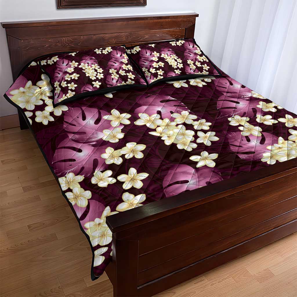 Pink Tropical Hawaii Quilt Bed Set Seamless Monstera Plumeria Hawaiian Pattern - Polynesian Pride