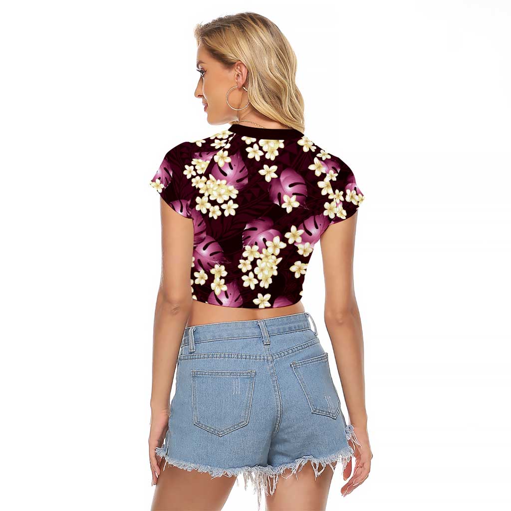 Pink Tropical Hawaii Raglan Cropped T Shirt Seamless Monstera Plumeria Hawaiian Pattern - Polynesian Pride