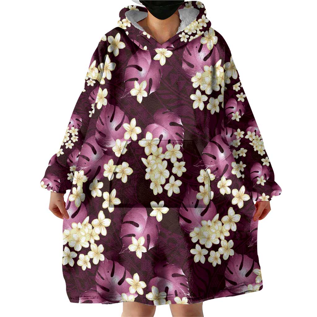 Pink Tropical Hawaii Wearable Blanket Hoodie Seamless Monstera Plumeria Hawaiian Pattern - Polynesian Pride
