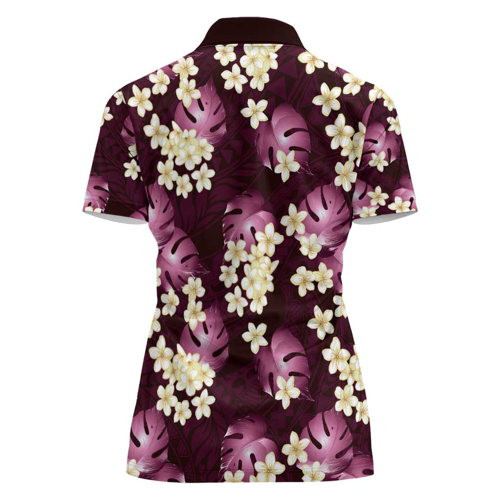 Pink Tropical Hawaii Women Polo Shirt Seamless Monstera Plumeria Hawaiian Pattern - Polynesian Pride