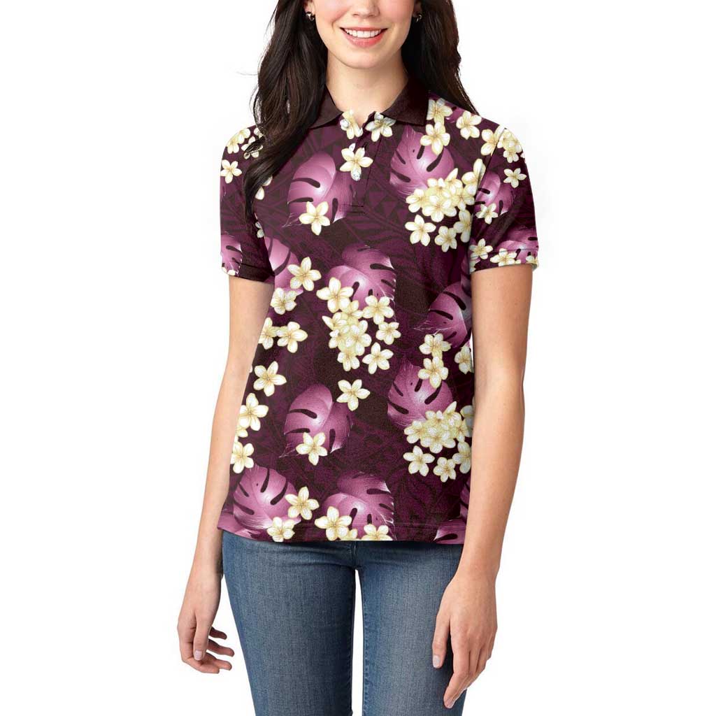 Pink Tropical Hawaii Women Polo Shirt Seamless Monstera Plumeria Hawaiian Pattern - Polynesian Pride