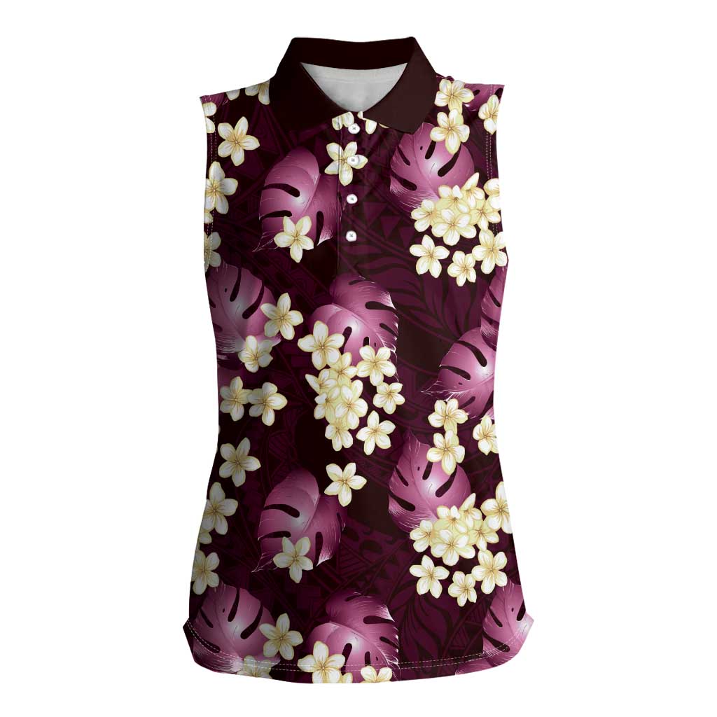 Pink Tropical Hawaii Women Sleeveless Polo Shirt Seamless Monstera Plumeria Hawaiian Pattern LT14 Female Pink - Polynesian Pride