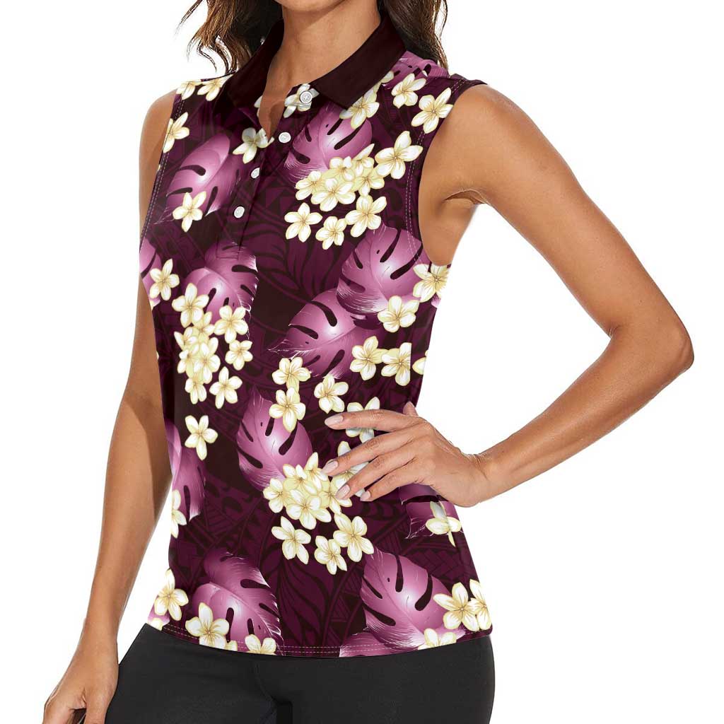 Pink Tropical Hawaii Women Sleeveless Polo Shirt Seamless Monstera Plumeria Hawaiian Pattern LT14 - Polynesian Pride
