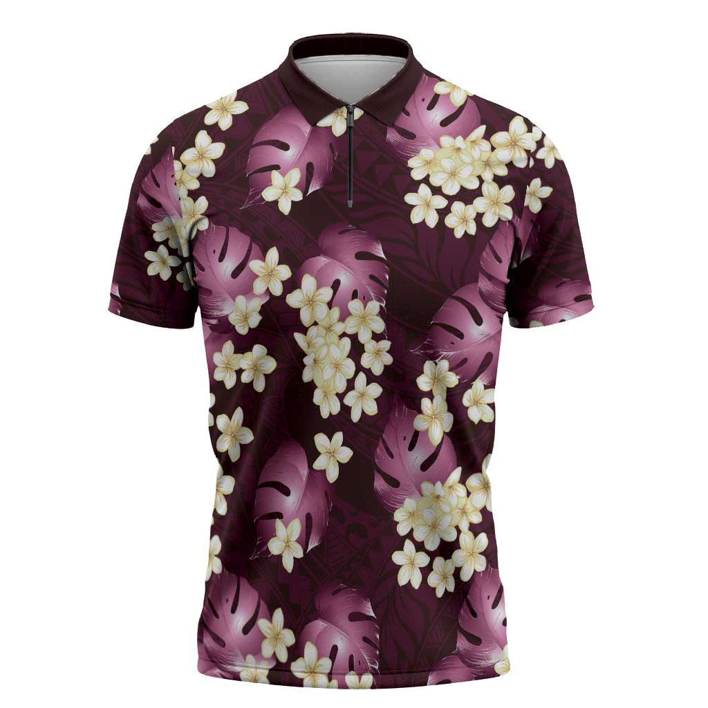 Pink Tropical Hawaii Zipper Polo Shirt Seamless Monstera Plumeria Hawaiian Pattern LT14 Pink - Polynesian Pride