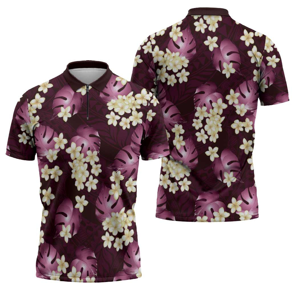 Pink Tropical Hawaii Zipper Polo Shirt Seamless Monstera Plumeria Hawaiian Pattern LT14 - Polynesian Pride
