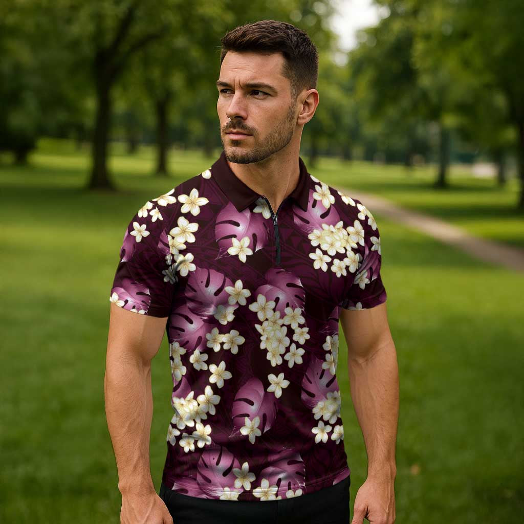 Pink Tropical Hawaii Zipper Polo Shirt Seamless Monstera Plumeria Hawaiian Pattern LT14 - Polynesian Pride