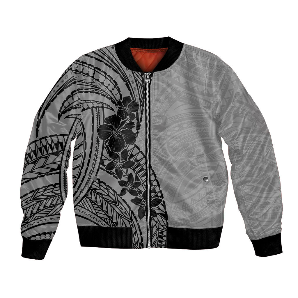 Black Gray Polynesia Tropical Flowers Bomber Jacket