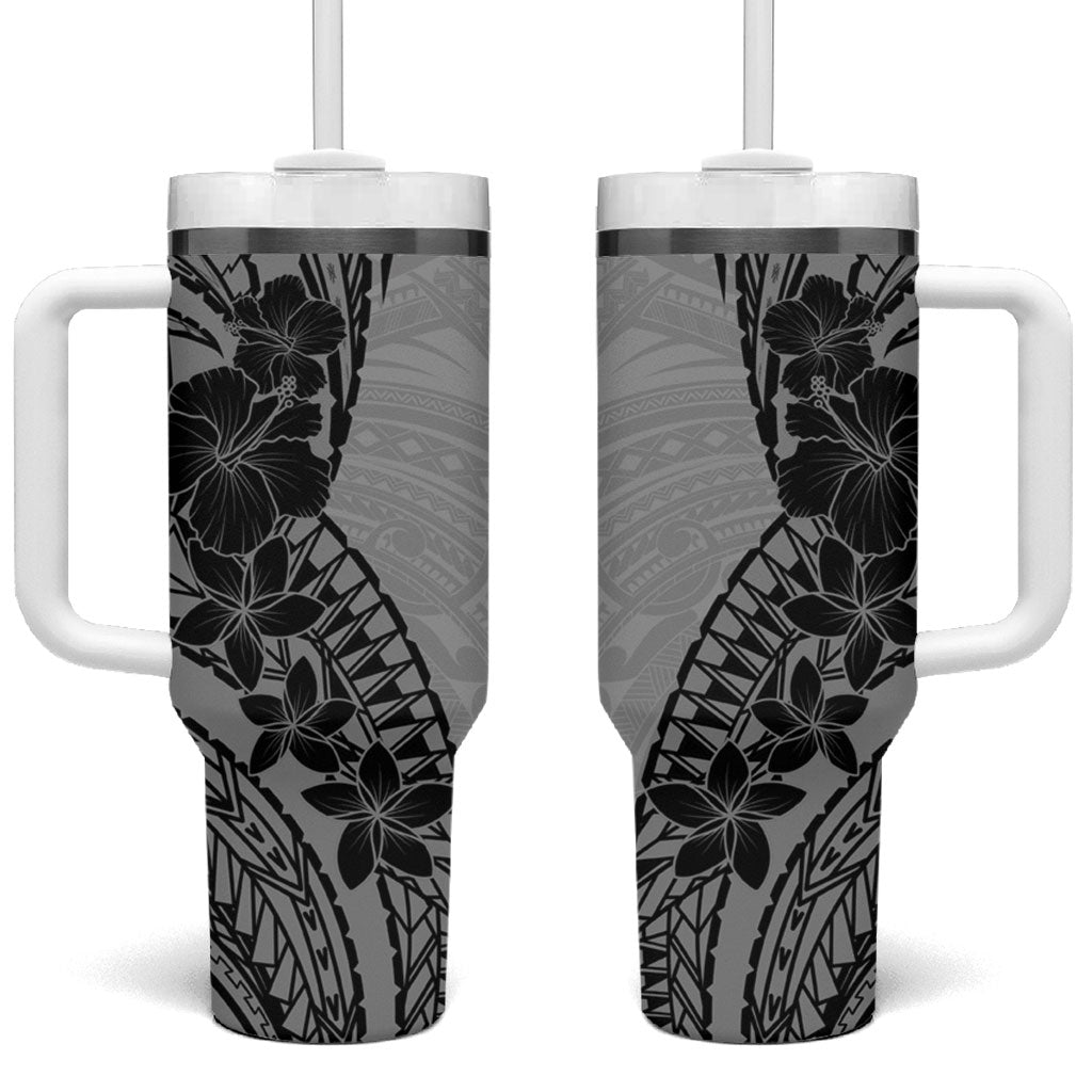 Black Gray Polynesia Tropical Flowers Tumbler With Handle