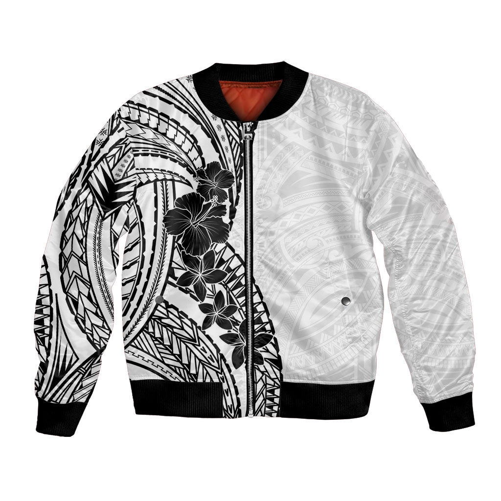 Black White Polynesia Tropical Flowers Bomber Jacket