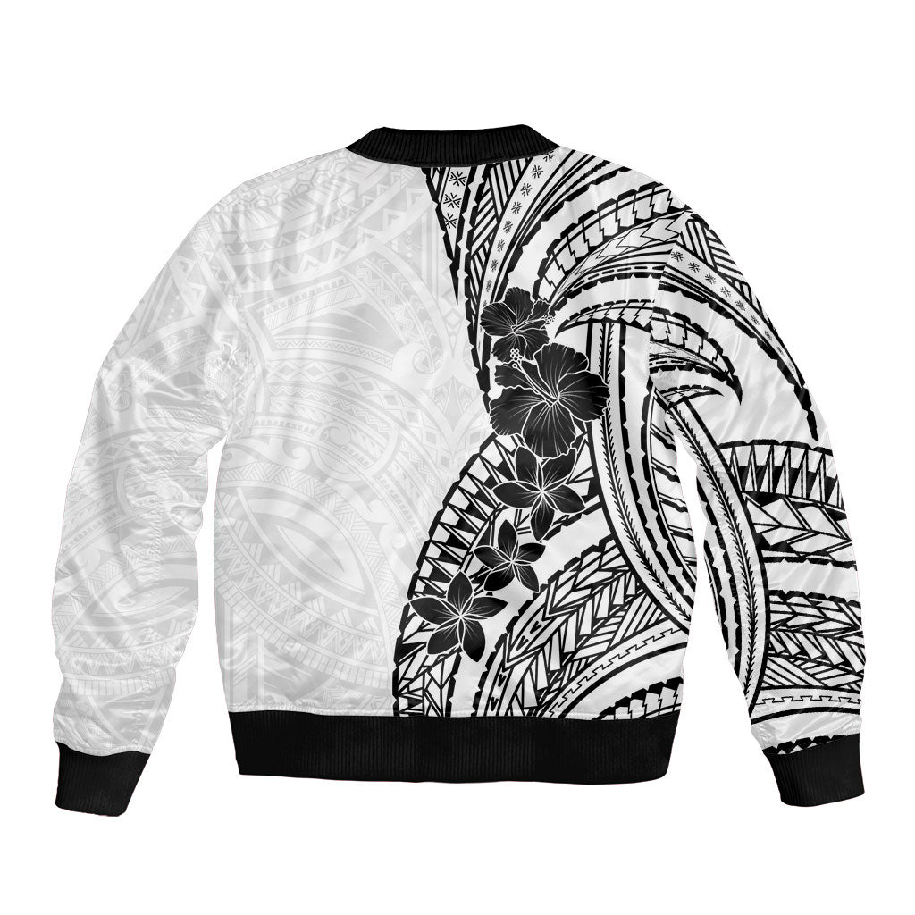 Black White Polynesia Tropical Flowers Bomber Jacket