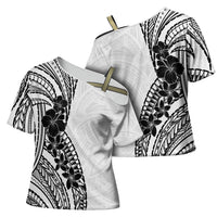 Black White Polynesia Tropical Flowers Cross Shoulder Shirt