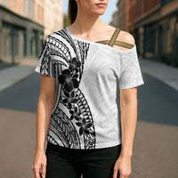 Black White Polynesia Tropical Flowers Cross Shoulder Shirt