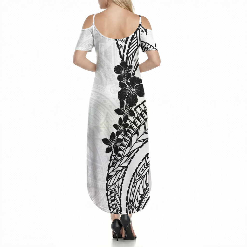 Black White Polynesia Tropical Flowers Summer Maxi Dress