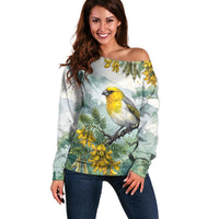 Aloha Hawaii Palila Mamane Watercolor Off Shoulder Sweater