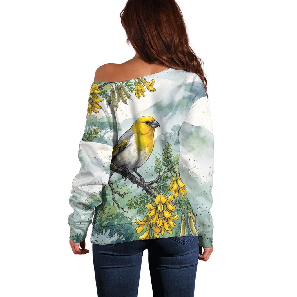 Aloha Hawaii Palila Mamane Watercolor Off Shoulder Sweater