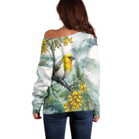 Aloha Hawaii Palila Mamane Watercolor Off Shoulder Sweater
