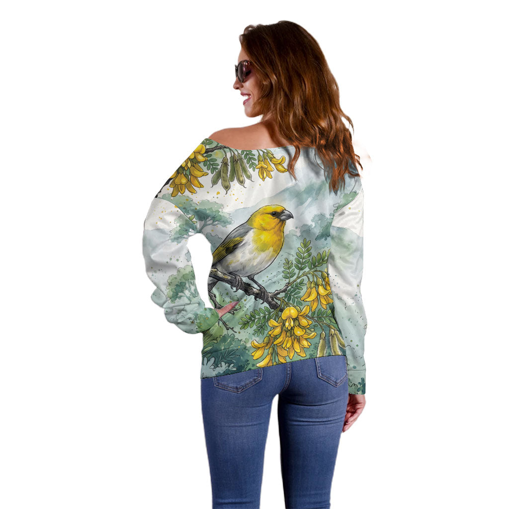 Aloha Hawaii Palila Mamane Watercolor Off Shoulder Sweater