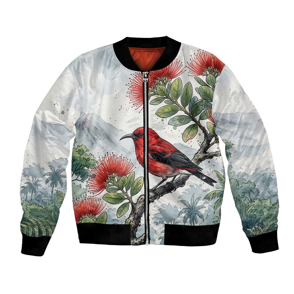 Aloha Hawaii Apapane Ohia Lehua Watercolor Bomber Jacket