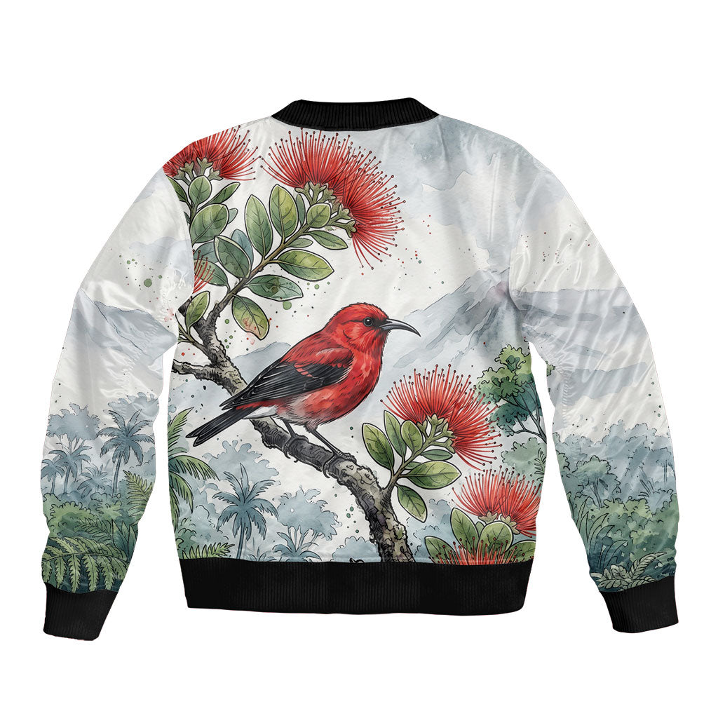 Aloha Hawaii Apapane Ohia Lehua Watercolor Bomber Jacket