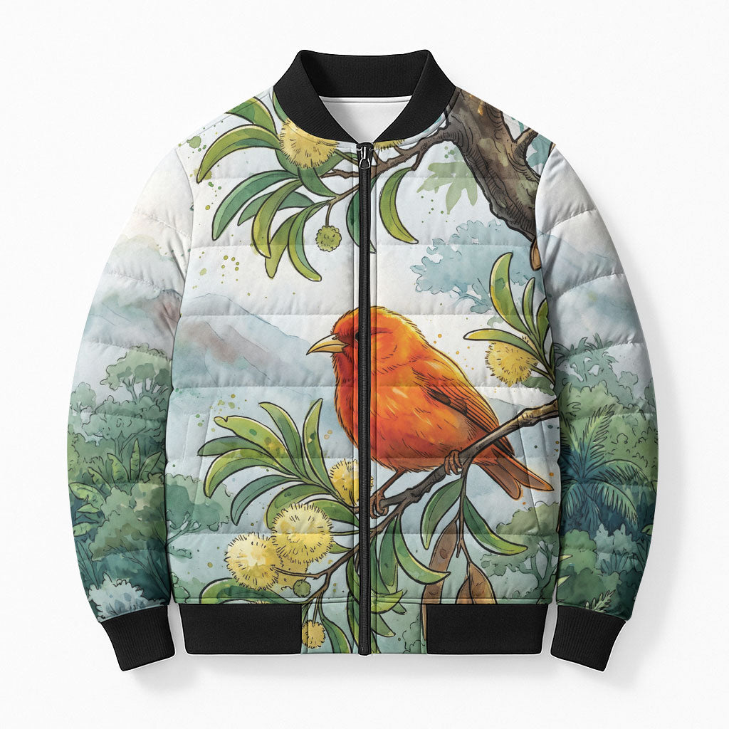 Aloha Hawaii Akepa Koa Tree Watercolor Bomber Puffer Jacket