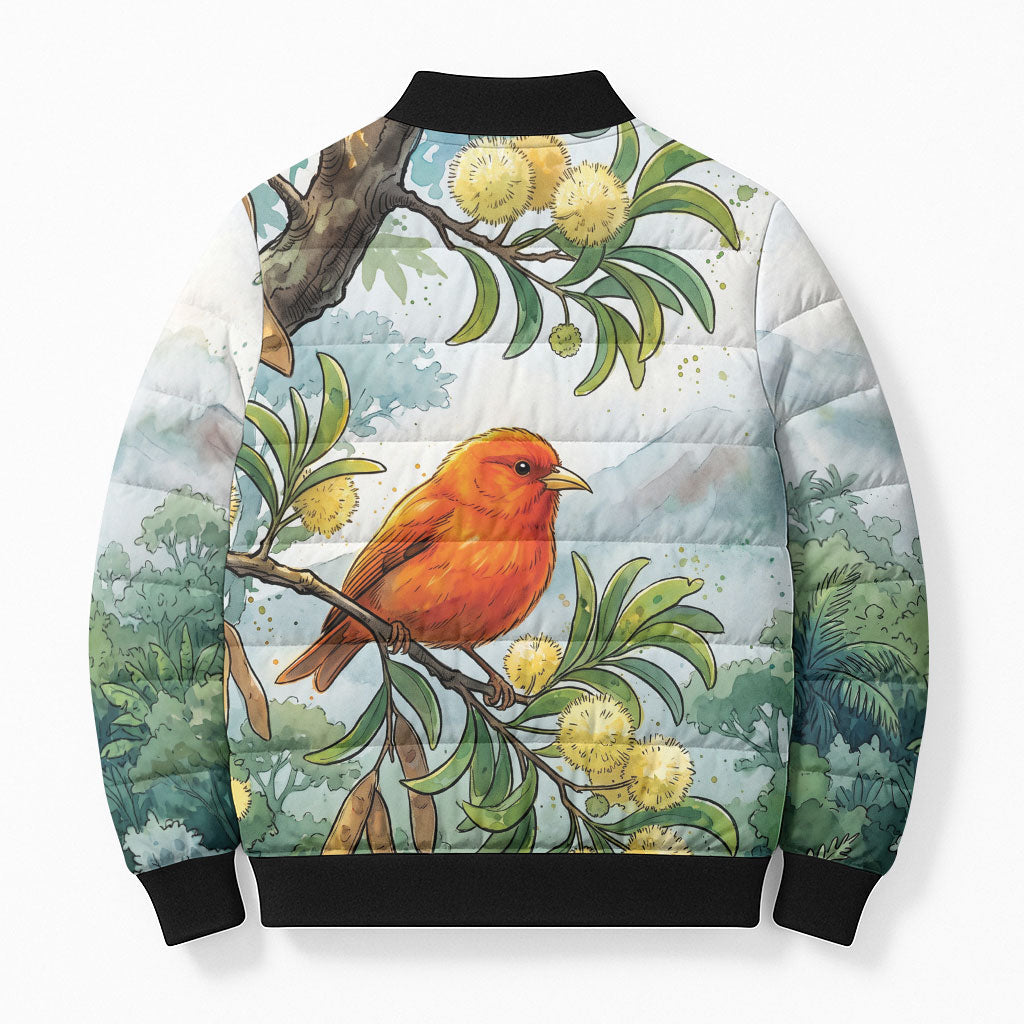 Aloha Hawaii Akepa Koa Tree Watercolor Bomber Puffer Jacket