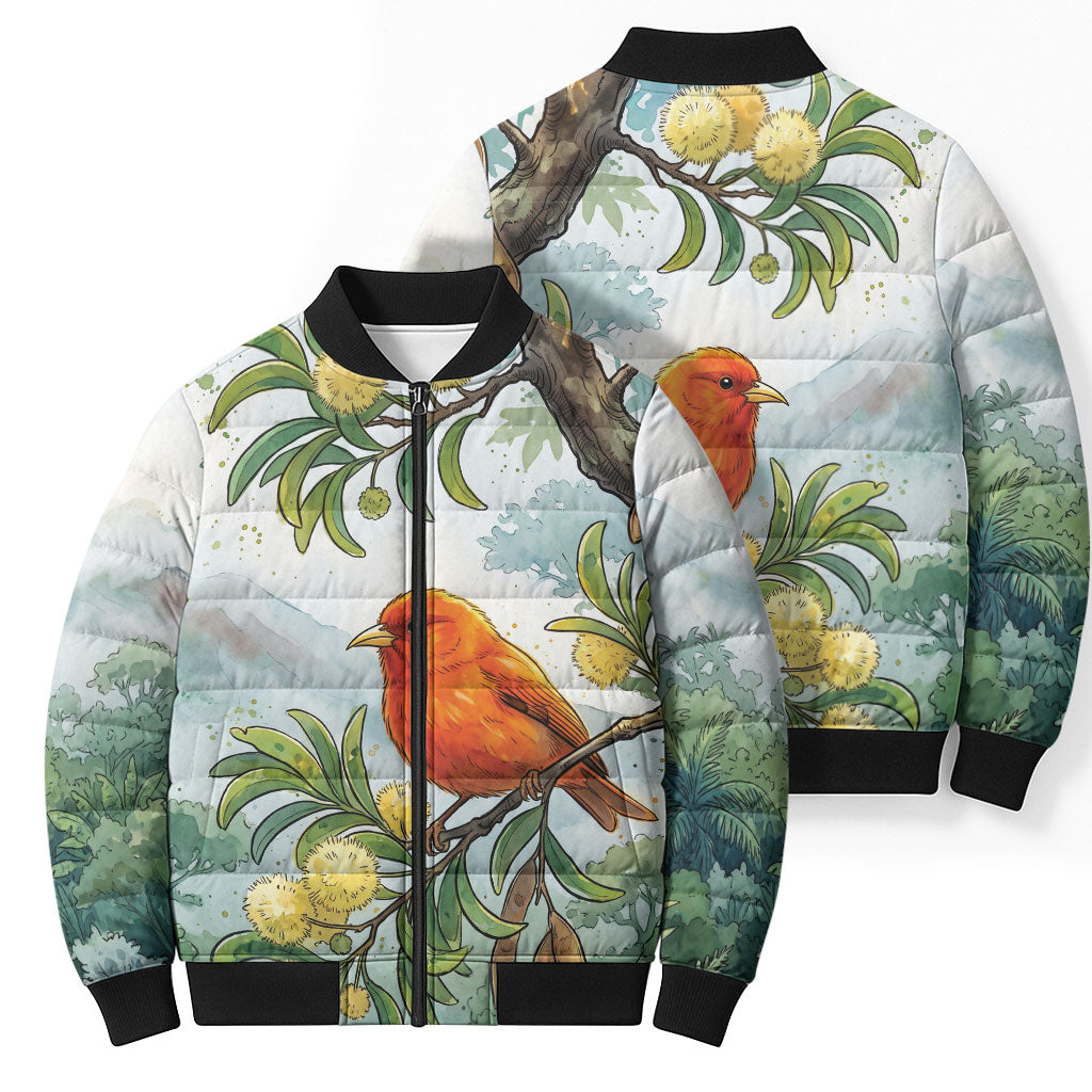 Aloha Hawaii Akepa Koa Tree Watercolor Bomber Puffer Jacket