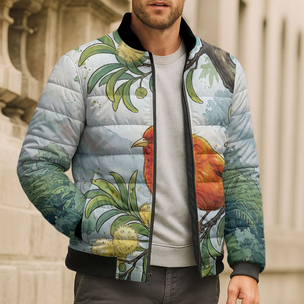Aloha Hawaii Akepa Koa Tree Watercolor Bomber Puffer Jacket