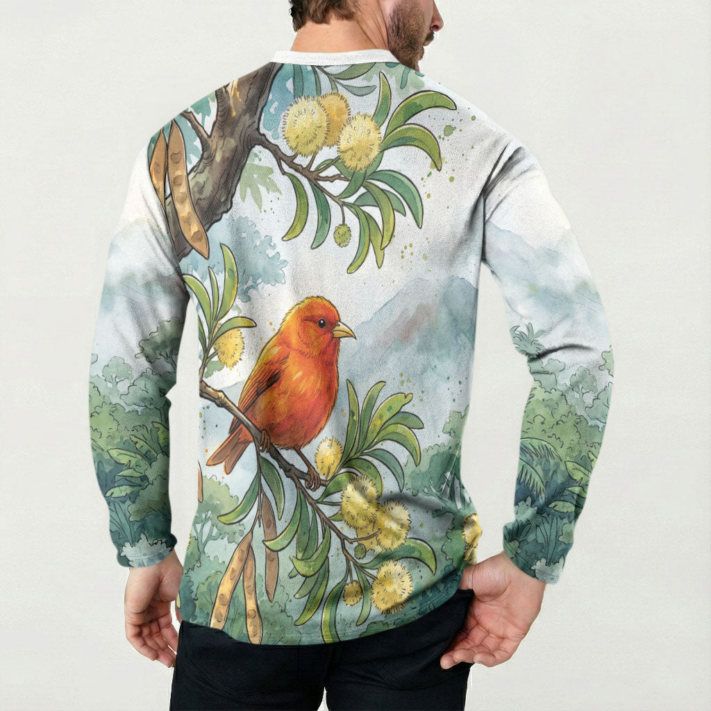 Aloha Hawaii Akepa Koa Tree Watercolor Button Sweatshirt