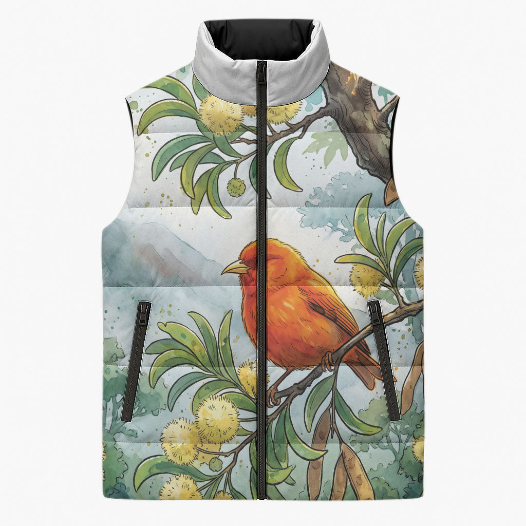 Aloha Hawaii Akepa Koa Tree Watercolor Sleeveless Puffer Jacket