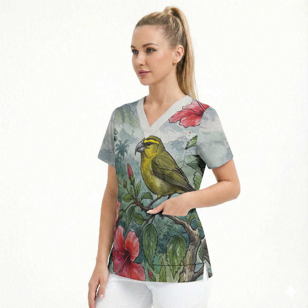 Aloha Hawaii Maui Parrotbill Hibiscus Watercolor Scrub Top LT14 - Polynesian Pride