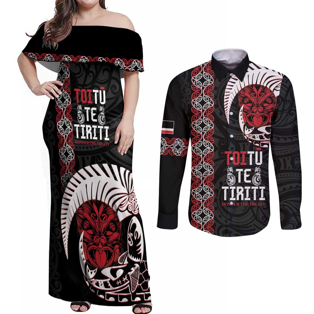 Aotearoa Toitu Te Tiriti Couples Matching Off Shoulder Maxi Dress and Long Sleeve Button Shirt Honour The Treaty Maori Haka LT14 Black - Polynesian Pride